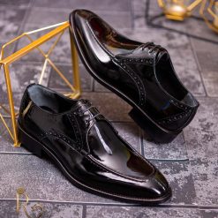 Pantofi cu siret barbatesti negri din piele naturala One Cut P1723 6