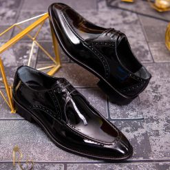 Pantofi cu siret barbatesti negri din piele naturala One Cut P1723 7