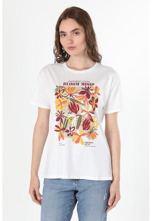 Tricou cu decolteu la baza gatului si imprimeu floral-FEMEI-IMBRACAMINTE/Tricouri si maiouri
