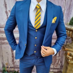 Costum Reginald Albastru Sacou Vesta cu nasturi aurii si Pantalon C3842 4
