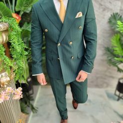 Costum Verde in dungi cu butoni aurii Sacou si Pantalon C4636 3