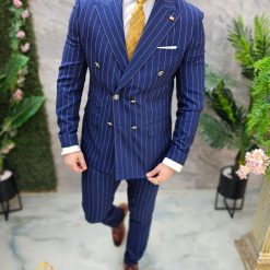 Costum de barbati Albastru cu dungi nasturi aurii Sacou si Pantalon C4683 2