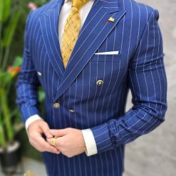 Costum de barbati Albastru cu dungi nasturi aurii Sacou si Pantalon C4683 3