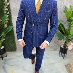 Costum de barbati Albastru cu dungi nasturi aurii Sacou si Pantalon C4683 4
