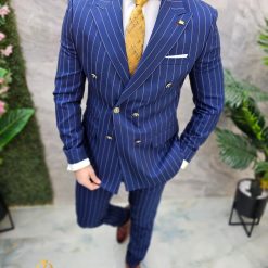 Costum de barbati Albastru cu dungi nasturi aurii Sacou si Pantalon C4683 5