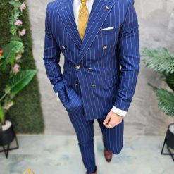 Costum de barbati Albastru cu dungi nasturi aurii Sacou si Pantalon C4683 6