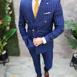 Costum de barbati Albastru cu dungi nasturi aurii Sacou si Pantalon C4683 7