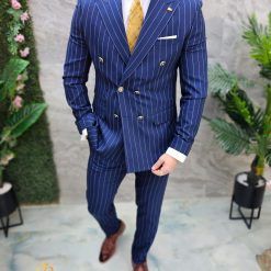 Costum de barbati Albastru cu dungi nasturi aurii Sacou si Pantalon C4683 8
