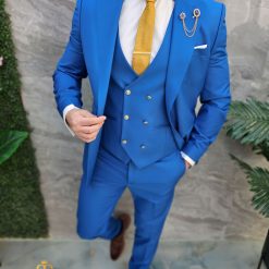 Costum de barbati Albastru cu nasturi aurii Sacou Vesta si Pantalon C4671 3