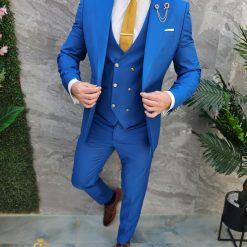Costum de barbati Albastru cu nasturi aurii Sacou Vesta si Pantalon C4671 5