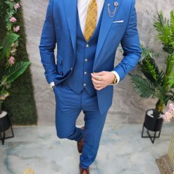 Costum de barbati Albastru cu nasturi aurii Sacou Vesta si Pantalon C4681 4