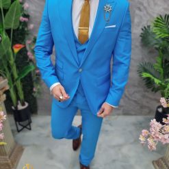 Costum de barbati Albastru deschis cu nasturi aurii Sacou Vesta si Pantalon C4693 2