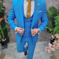 Costum de barbati Albastru deschis cu nasturi aurii Sacou Vesta si Pantalon C4693 4