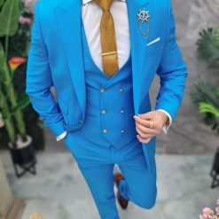 Costum de barbati Albastru deschis cu nasturi aurii Sacou Vesta si Pantalon C4693 5