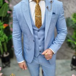 Costum de barbati Bleu Sacou Vesta si Pantalon C4687 6