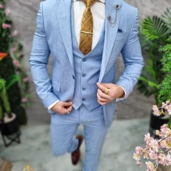 Costum de barbati Bleu Sacou Vesta si Pantalon C4687 7