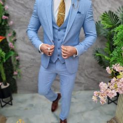 Costum de barbati Bleu Sacou Vesta si Pantalon C4687 9
