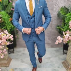 Costum de barbati albastru acvamarin Sacou Vesta si Pantalon C4695 2