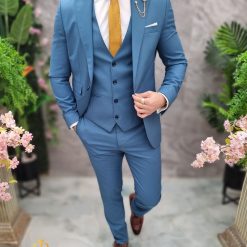 Costum de barbati albastru acvamarin Sacou Vesta si Pantalon C4695 6