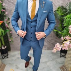 Costum de barbati albastru acvamarin Sacou Vesta si Pantalon C4695 7
