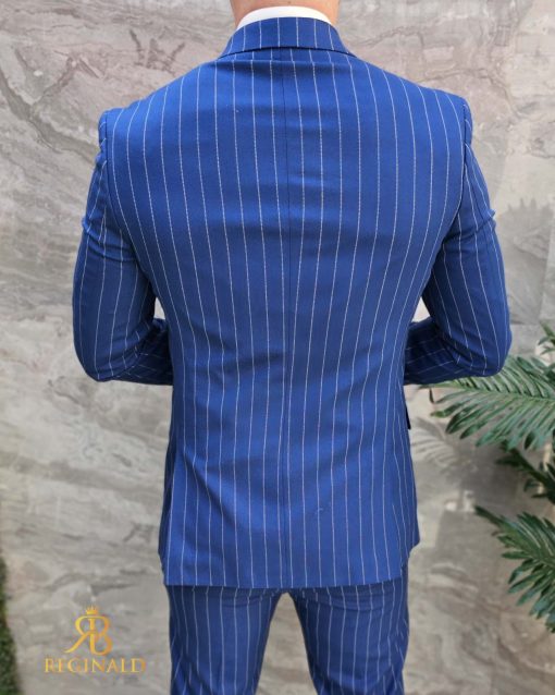 Costum de barbati albastru in dungi: Sacou si Pantalon - C4673-Costume