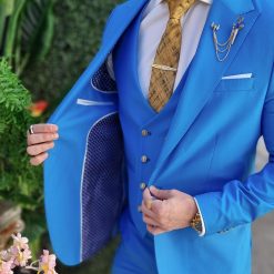 Costum de barbati bleu cu nasturi aurii Sacou Vesta si Pantalon C4700 4