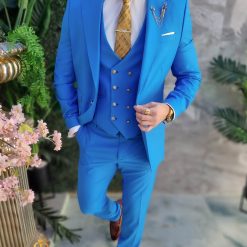 Costum de barbati bleu cu nasturi aurii Sacou Vesta si Pantalon C4700 5