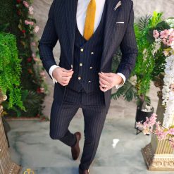 Costum de barbati bleumarin cu dungi Sacou Vesta si Pantalon C4738 5
