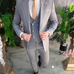 Costum de barbati gri cu dungi Sacou Vesta si Pantalon C4736 4
