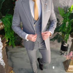 Costum de barbati gri cu dungi Sacou Vesta si Pantalon C4736 6