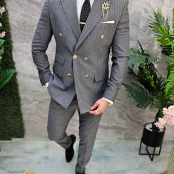 Costum de barbati gri in dungi Sacou si Pantalon C4677 4