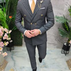 Costum de barbati gri inchis in dungi Sacou si Pantalon C4665 4
