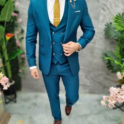 Costum de barbati verde albastrui cu nasturi aurii Sacou Vesta si Pantalon C4690 3