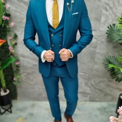 Costum de barbati verde albastrui cu nasturi aurii Sacou Vesta si Pantalon C4690 4