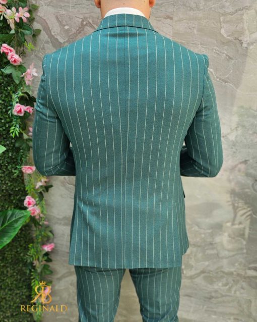 Costum de barbati verde in dungi: Sacou si Pantalon - C4669-Costume