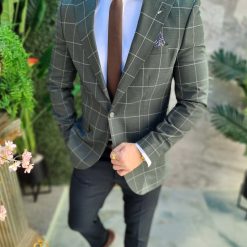 Sacou de barbati Slim Fit Verde in carouri SC877 3
