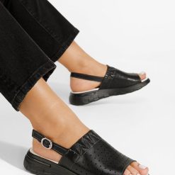 Sandale cu talpa groasa Cardia negre-Sandale fara toc-Sandale piele