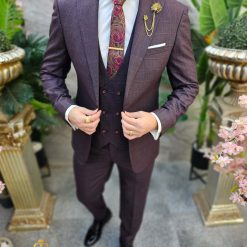 Costum de barbati grena Slim Fit Sacou Vesta si Pantalon C4600 6