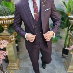 Costum de barbati grena Slim Fit Sacou Vesta si Pantalon C4600 7