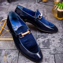 Pantofi Loafers de barbati bleumarin din piele naturala si catifea P1393 2