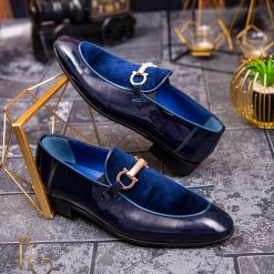 Pantofi Loafers de barbati bleumarin din piele naturala si catifea P1393 3