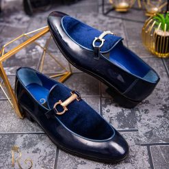 Pantofi Loafers de barbati bleumarin din piele naturala si catifea P1393 6