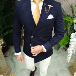 Sacou de barbati Double Breasted Bleumarin Slim Fit SC823 4