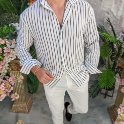 Camasa de barbati Slim Fit alba cu dungi negre CR166 3