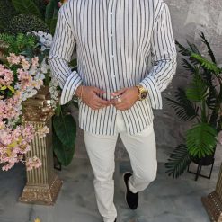 Camasa de barbati Slim Fit alba cu dungi negre CR168 3