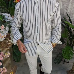 Camasa de barbati Slim Fit alba cu dungi negre CR168 4