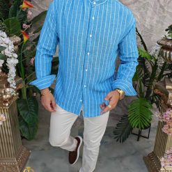 Camasa de barbati Slim Fit albastra cu dungi albe CR162 5