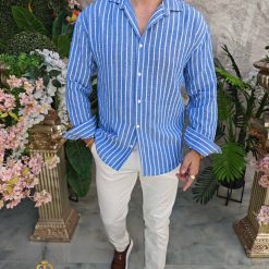 Camasa de barbati Slim Fit albastra cu dungi albe CR165 3