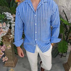 Camasa de barbati Slim Fit albastra cu dungi albe CR165 4