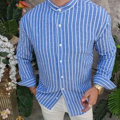 Camasa de barbati Slim Fit albastru cu dungi albe CR160 3